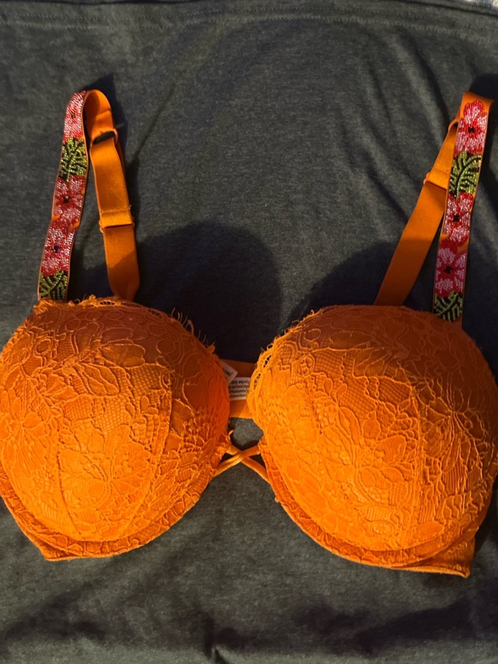 PINK Victoria's Secret Orange Lace Push-Up Bra with Floral Straps
